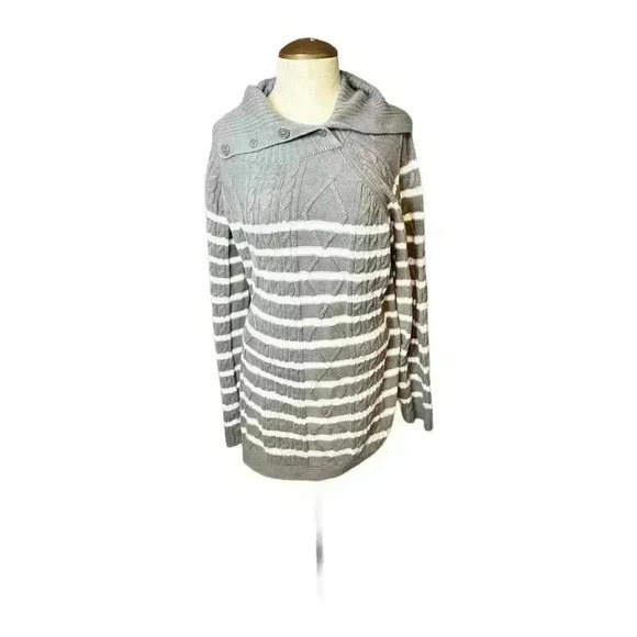 Croft & Barrow Women's 2XL Gray Cable-Knit Striped V-Neck Sweater - Picture 1 of 8